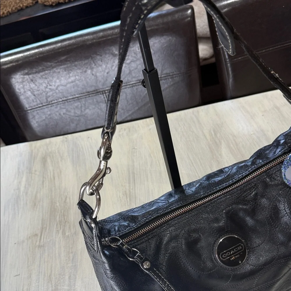 Coach Black Signature Stripe Stitched Leather Hobo Bag with Silver Accents
